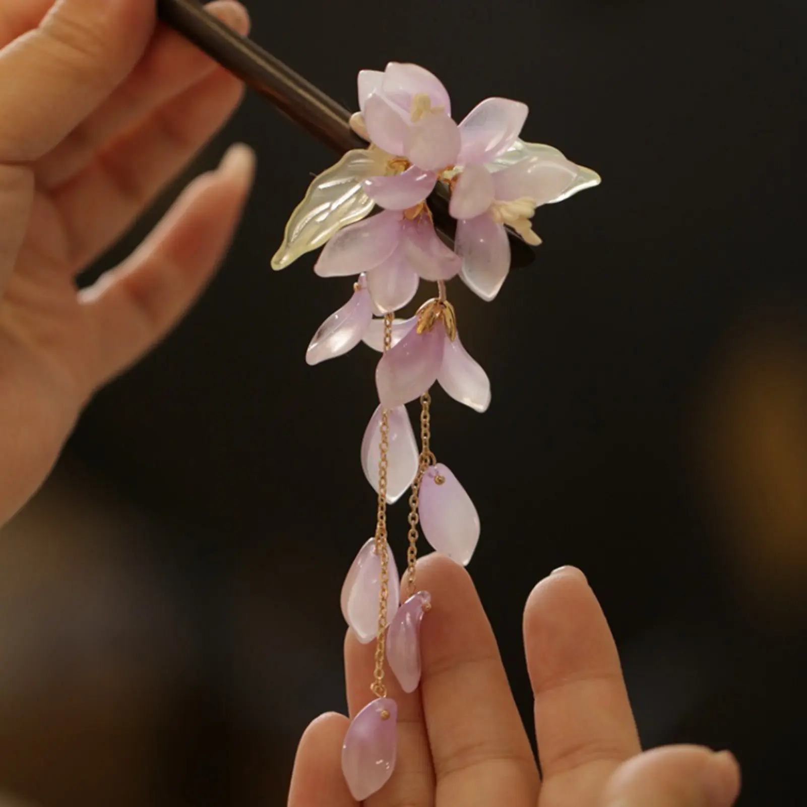 Vintage Chinese Style Tassel Hairpin Classical Jade Orchid Purple Vine Flower Hair Stick For Women Elegant Hanfu Hair Accessory