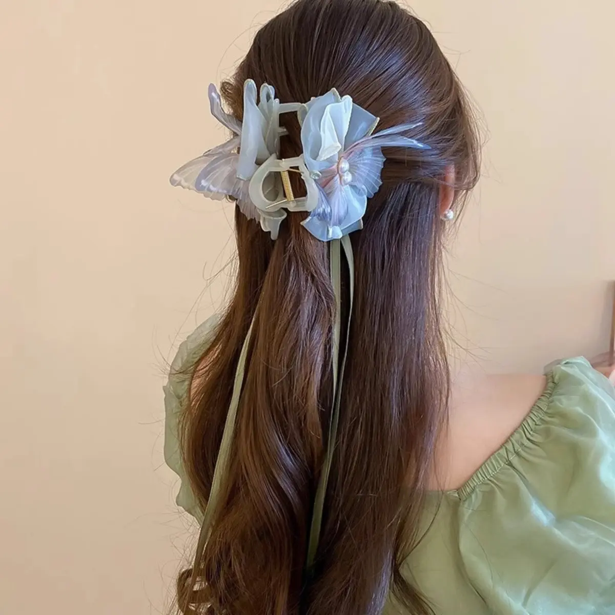 Sweety Fairy Butterfly Hair Claw For Women Elegant Gauze Tassel Bowknot Shark Gripper Clip Handmade Cloth Hairpin Hair Accessory