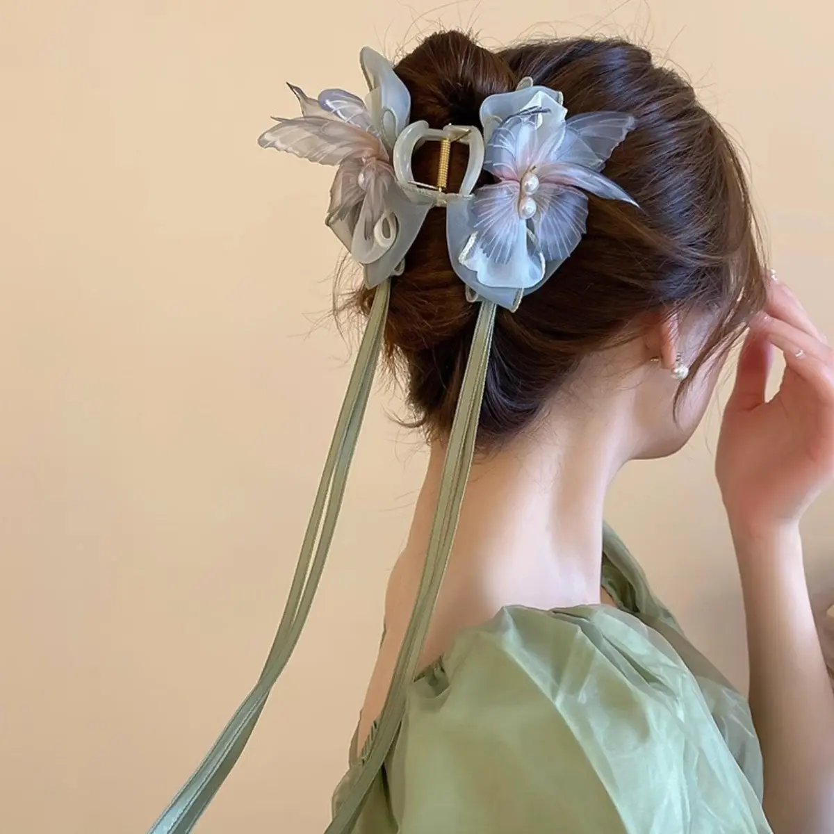 Sweety Fairy Butterfly Hair Claw For Women Elegant Gauze Tassel Bowknot Shark Gripper Clip Handmade Cloth Hairpin Hair Accessory