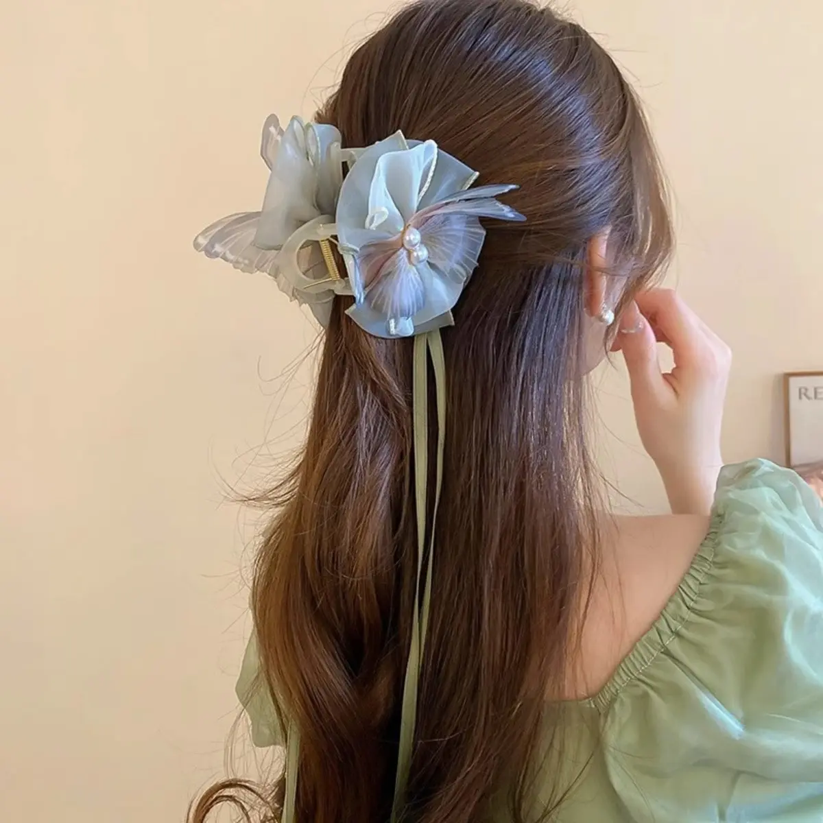 Sweety Fairy Butterfly Hair Claw For Women Elegant Gauze Tassel Bowknot Shark Gripper Clip Handmade Cloth Hairpin Hair Accessory