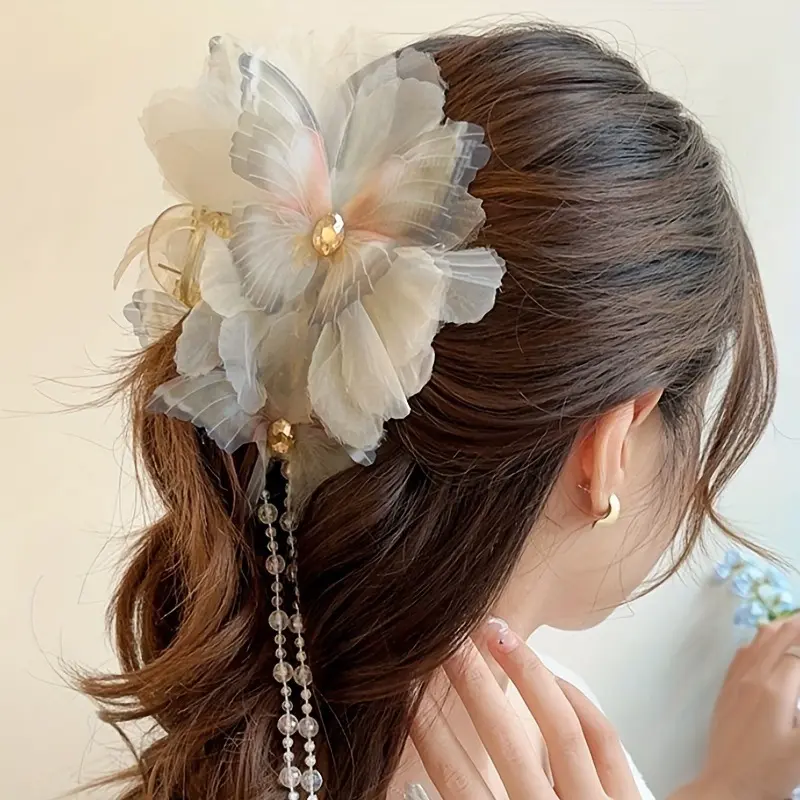 Sweety Fairy Butterfly Hair Claw For Women Elegant Gauze Tassel Bowknot Shark Gripper Clip Handmade Cloth Hairpin Hair Accessory