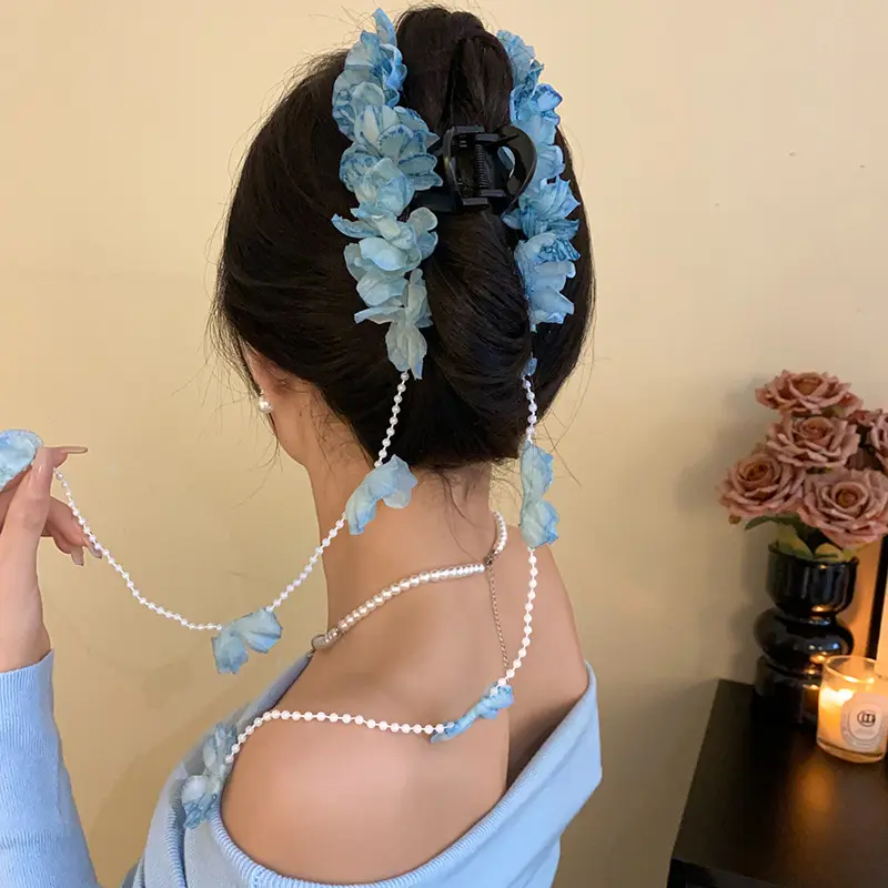 New Trendy Hawaiian Flower Hair Claw Clip For Women Elegant Gauze Begonia Pearl Shark Gripper Clips Jewelry Hair Accessories
