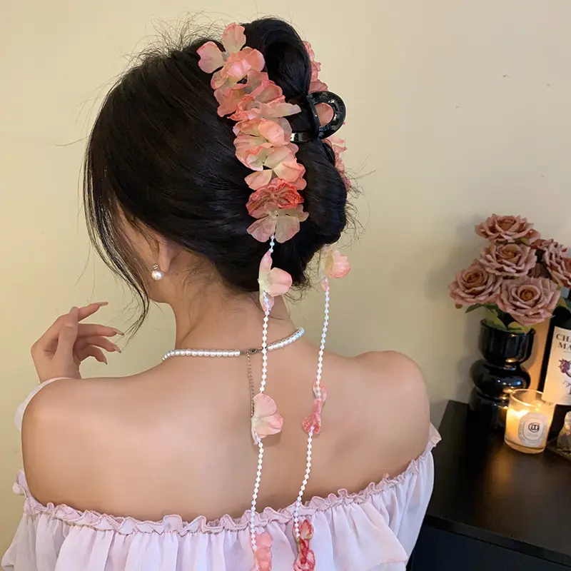 New Trendy Hawaiian Flower Hair Claw Clip For Women Elegant Gauze Begonia Pearl Shark Gripper Clips Jewelry Hair Accessories