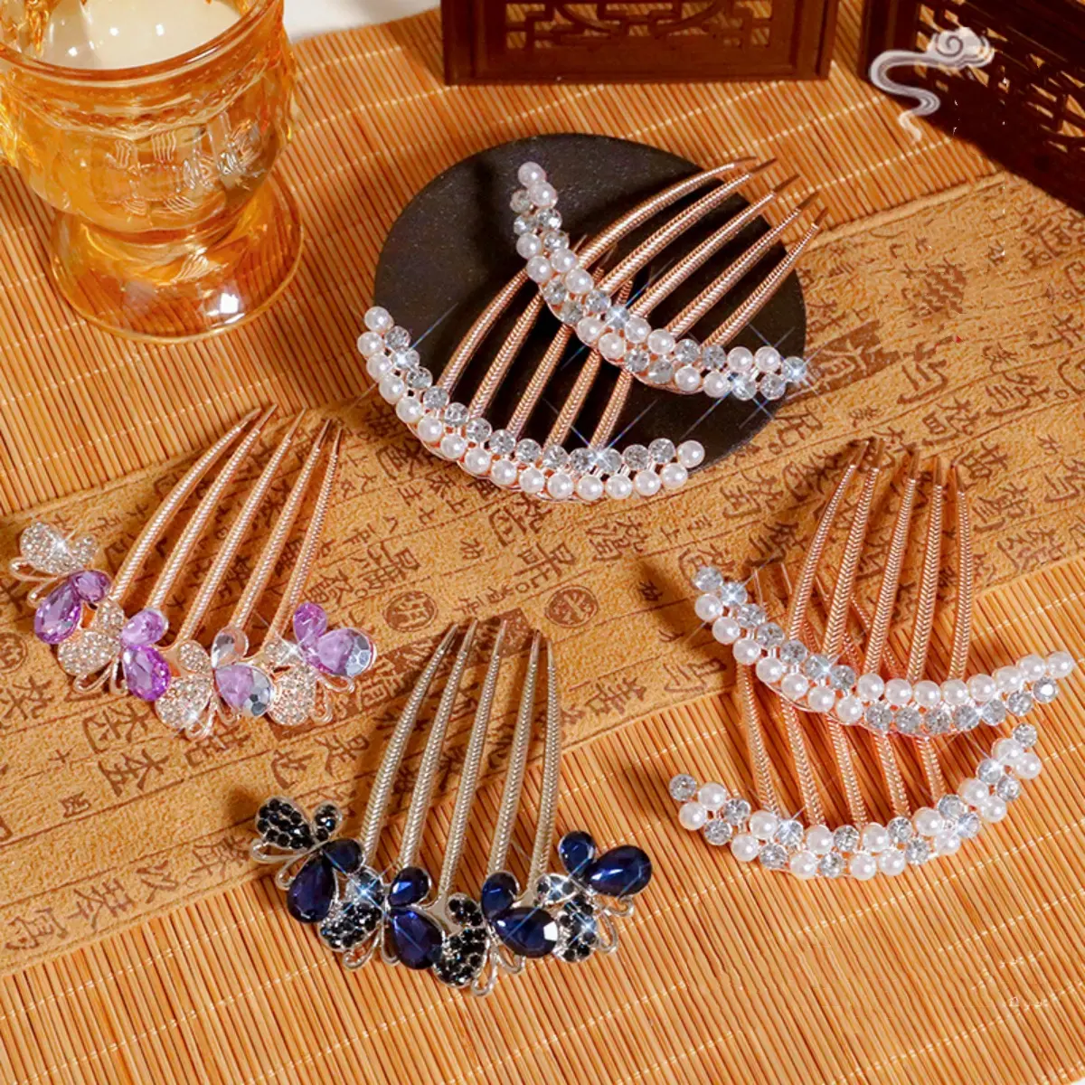 Elegant Glitter Pearl Hairpin For Women Exquisite Vintage Rhinestone Hair Comb Girls Dailylife Updo Meatball Head Hair Accessory