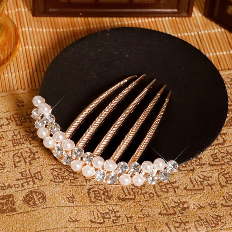 Elegant Glitter Pearl Hairpin For Women Exquisite Vintage Rhinestone Hair Comb Girls Dailylife Updo Meatball Head Hair Accessory
