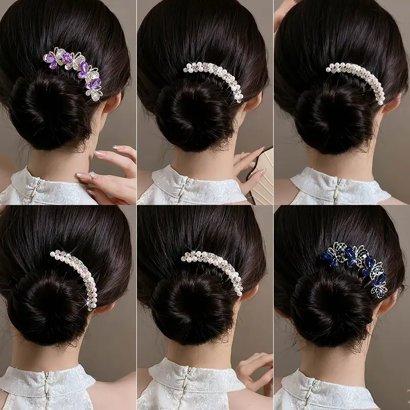 Elegant Glitter Pearl Hairpin For Women Exquisite Vintage Rhinestone Hair Comb Girls Dailylife Updo Meatball Head Hair Accessory