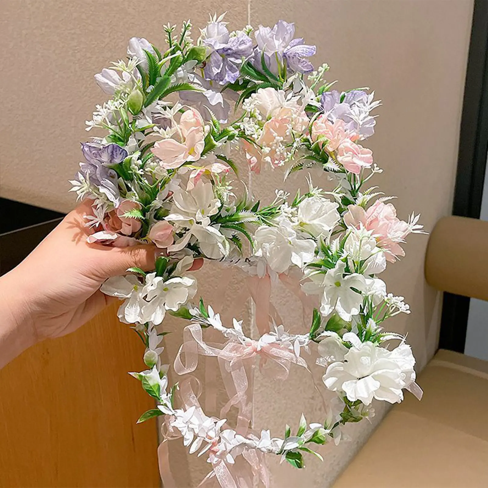 Boho Women's Flower Crown Forest Elf Fairy Floral Hair Hoop Handmade Simulation Ribbon Flower Headband Exquisite Hair Accessory