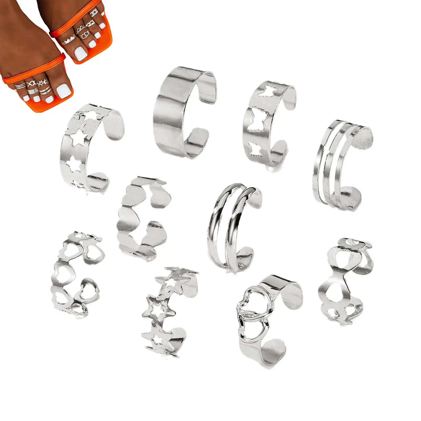 10pcs Trendy Foot Ring For Women Adjustable Star Heart Shaped Ring For Toes Summer Beach Seaside Toe Jewelry Accessories