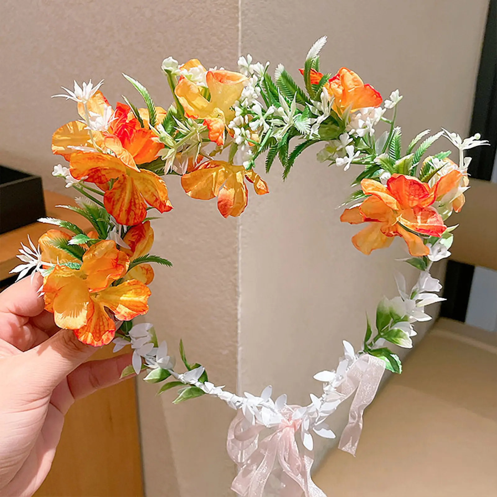 Boho Women's Flower Crown Forest Elf Fairy Floral Hair Hoop Handmade Simulation Ribbon Flower Headband Exquisite Hair Accessory