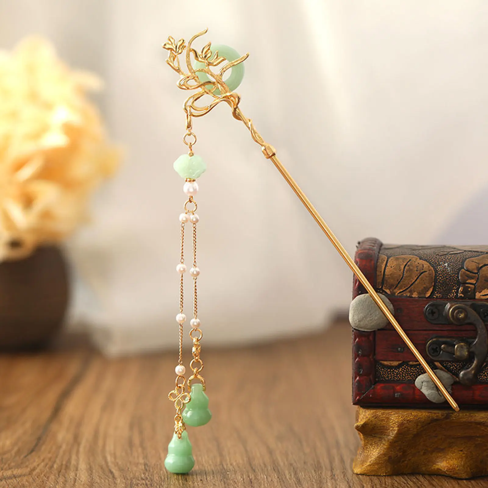 Chinese Style Glass Hairpin For Women Elegant Concentric Buckle Tassel Hair Stick Exquisite Metal Jewelry Hair Accessories 18cm