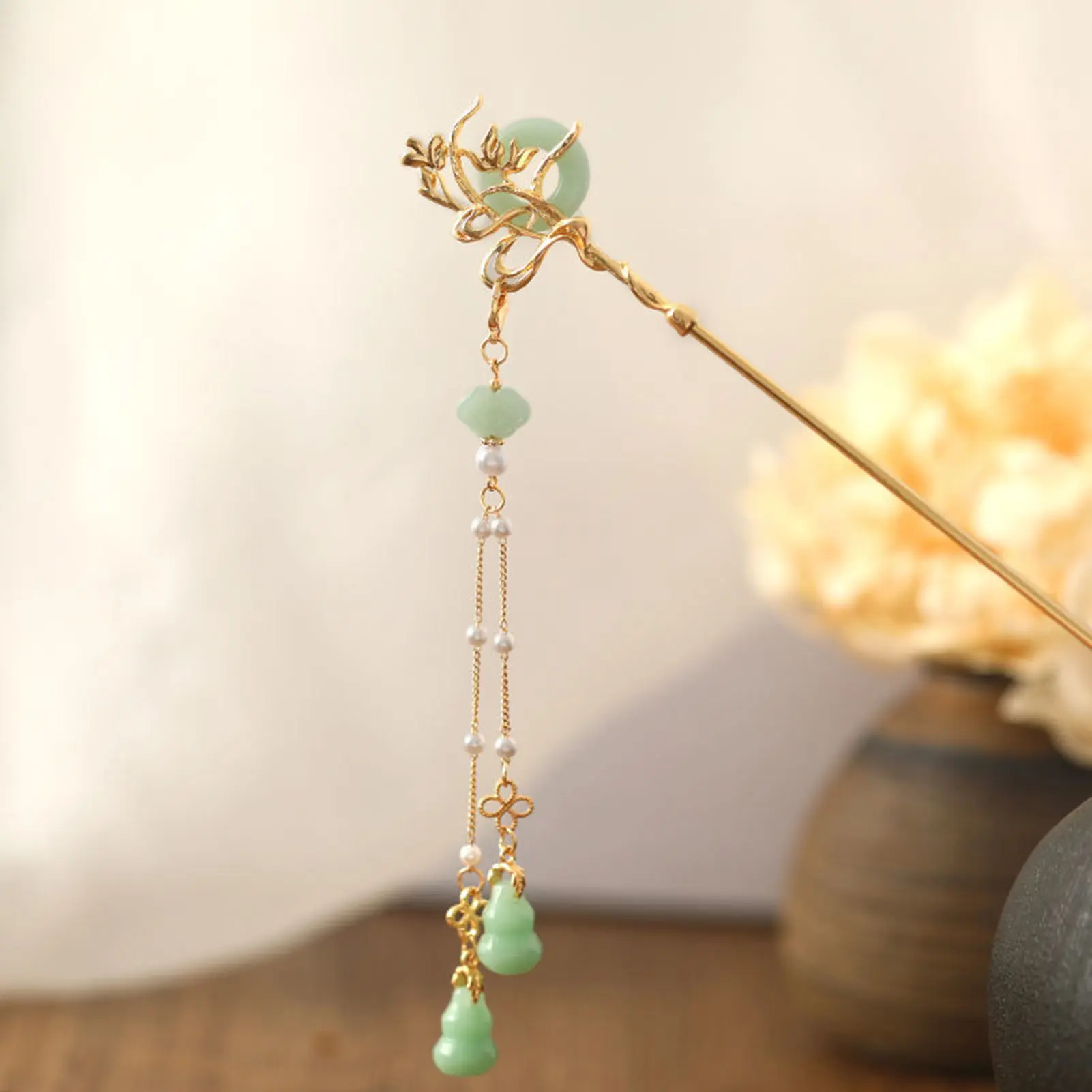 Chinese Style Glass Hairpin For Women Elegant Concentric Buckle Tassel Hair Stick Exquisite Metal Jewelry Hair Accessories 18cm