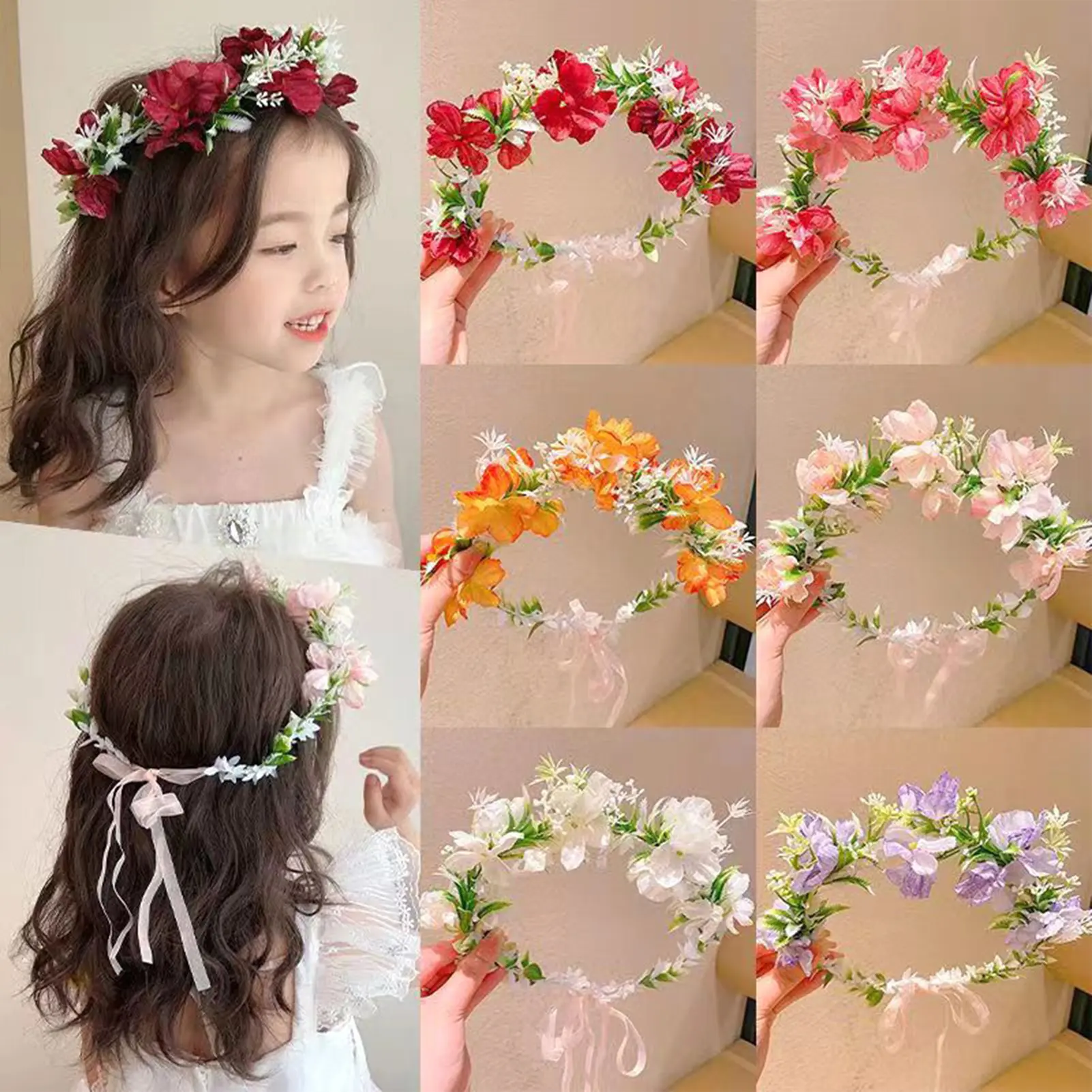 Boho Women's Flower Crown Forest Elf Fairy Floral Hair Hoop Handmade Simulation Ribbon Flower Headband Exquisite Hair Accessory
