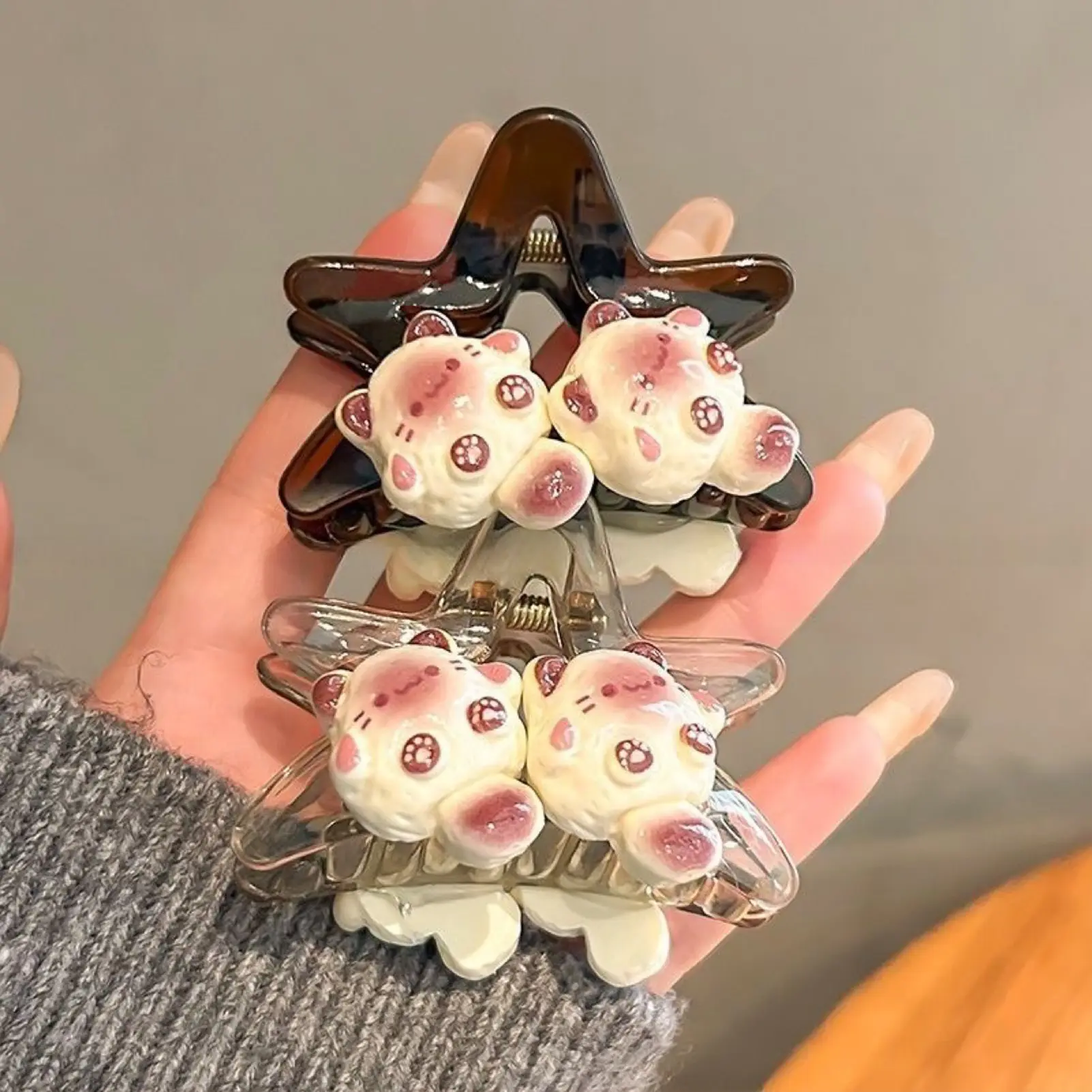 Cartoon Cat Hair Claw For Women Cute Transparent Pentagram Cat Shark Clip Creative Geometry Hair Gripper Girls Hair Accessories