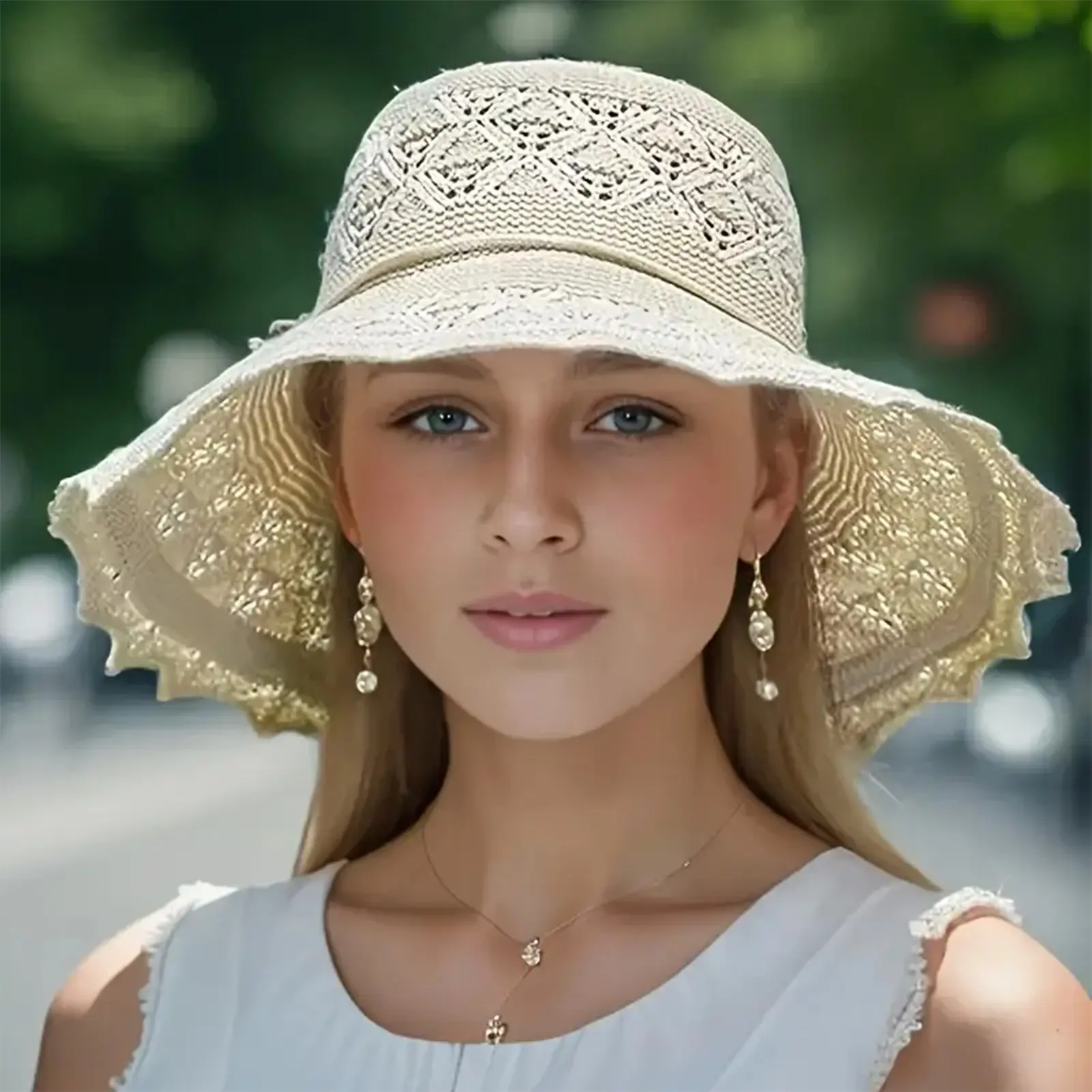 Fashionable Knitted Bow Sun Hat For Women Seaside Breathable Folding Wide Brimmed Hat Trendy Sweety Summer Sun Hat Bucket Caps