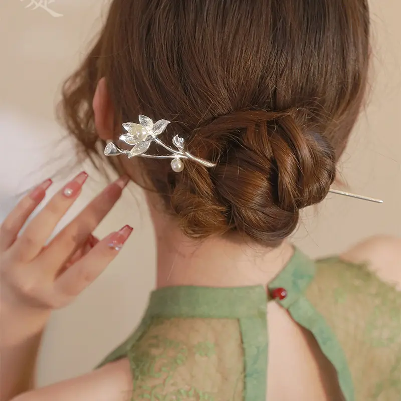 Chinese Style Vintage Hairpin Elegant Flower Vine Jade Stone Hair Stick Hanfu Cheongsam Evening Dress Hair Decor Accessories