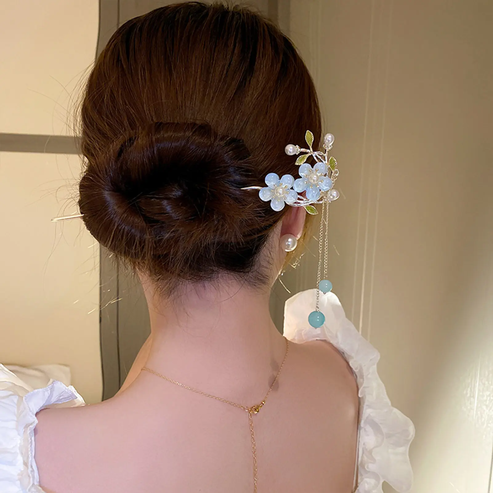 Chinese Style Vintage Hairpin Elegant Flower Vine Jade Stone Hair Stick Hanfu Cheongsam Evening Dress Hair Decor Accessories