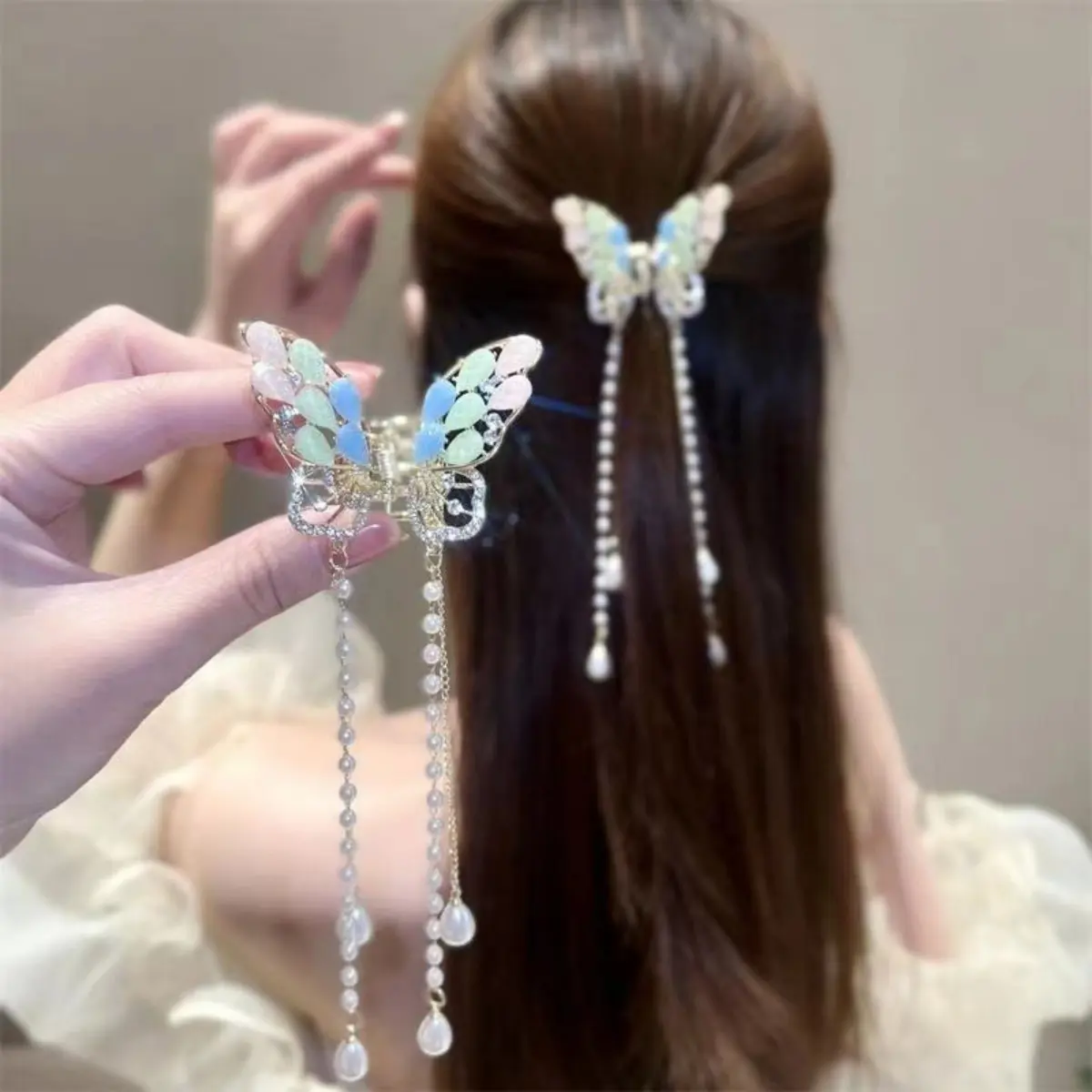 Glitter Shark Grip Clips Korean Style Sweety Romantic Hair Claws Butterfly Shape Girls Pearl Tassel Metal Jewelry Hair Accessory
