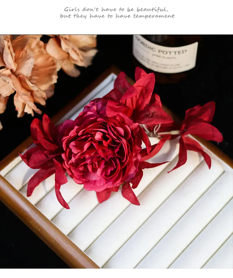 Vintage Red Flower Hairpin Handmade Gauze Peony Side Barrettes For Women Elegant Luxury Wedding Flower Hair Accessories Hair Pin