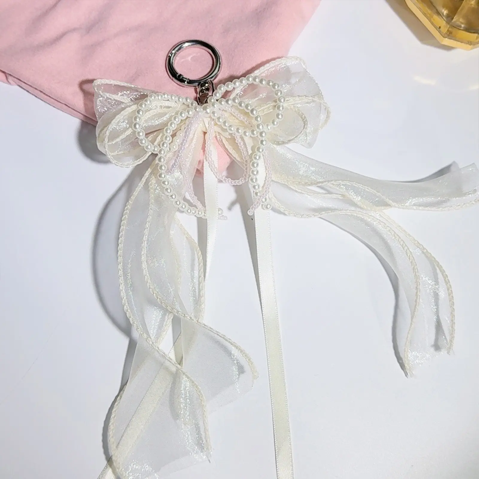 Sweety Bowknot Key Chain Exquisite Elegant Gauze Pearl Bow Bag Pendant For Women Girls Trendy Off White Bag Decoration Pendant