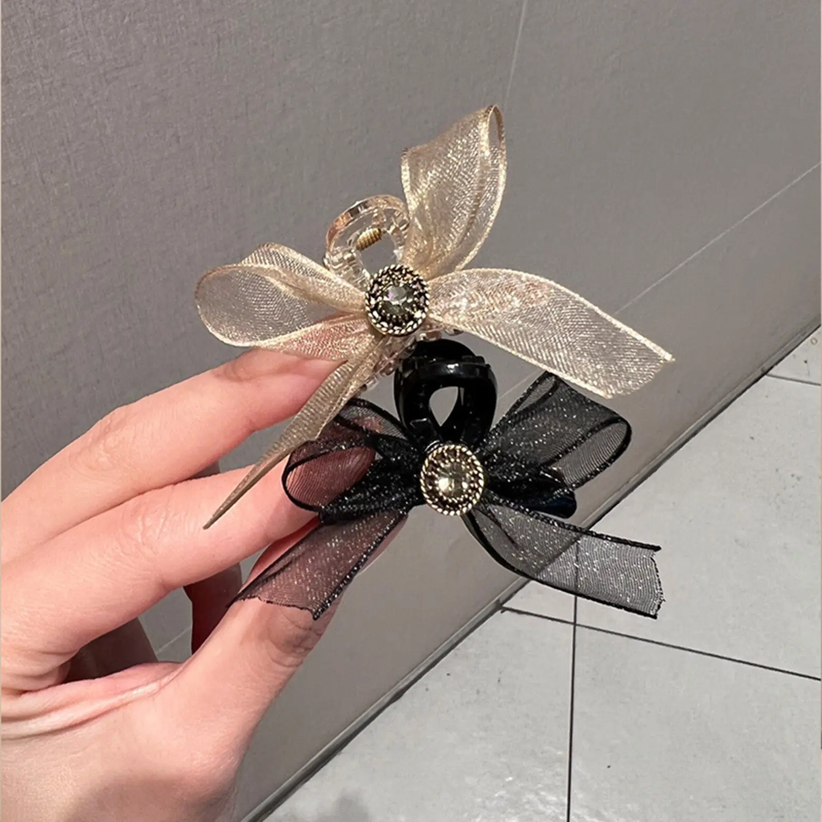 Sweety Bowknot Hair Claw For Women Korean Style Gauze Bow Hair Clip Girls Trendy Rhinestone Hairpin Jewelry Hair Accessories