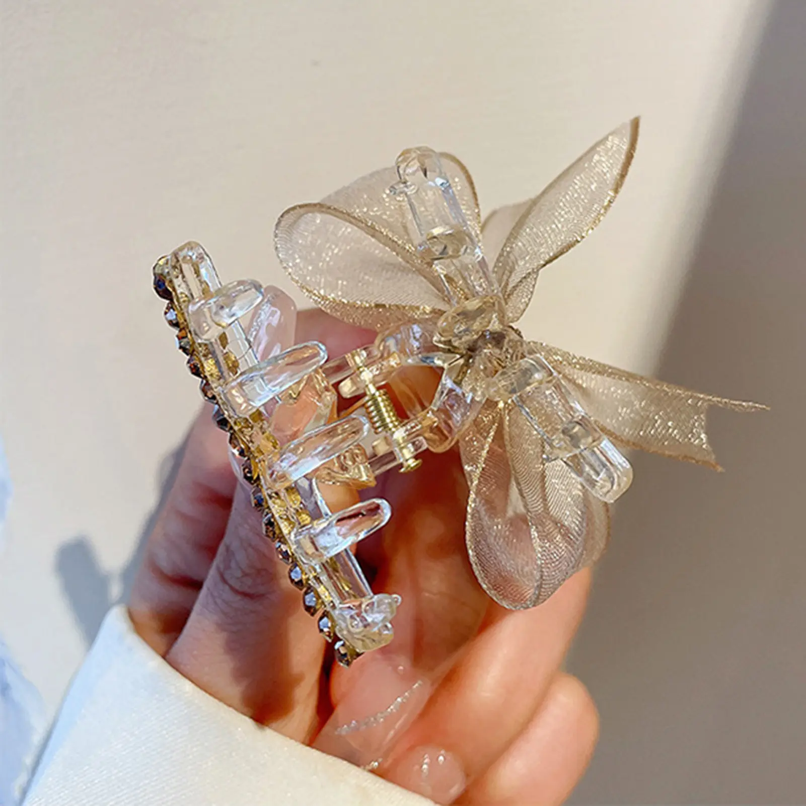 Sweety Bowknot Hair Claw For Women Korean Style Gauze Bow Hair Clip Girls Trendy Rhinestone Hairpin Jewelry Hair Accessories