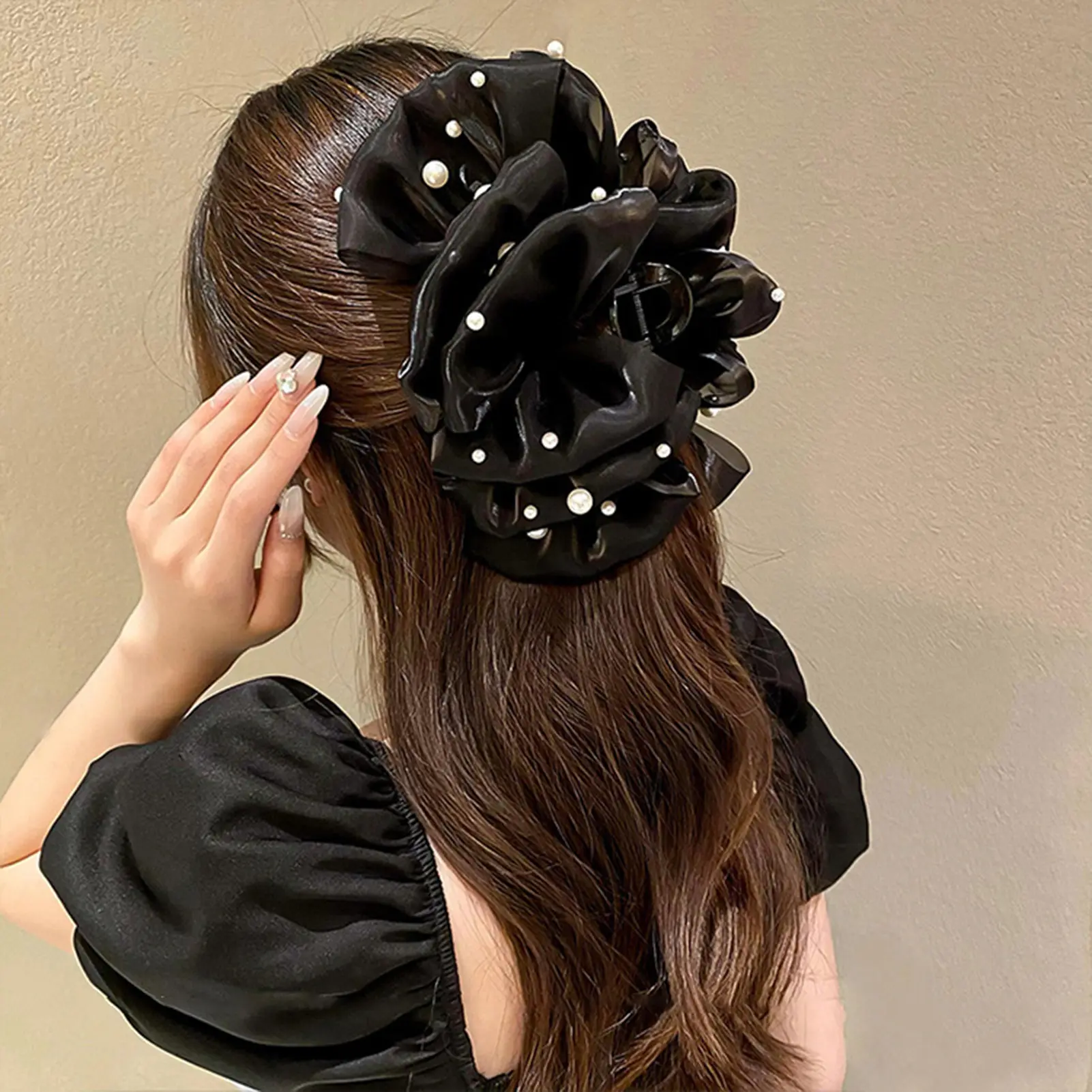 Elegant Bow Hair Claw For Women Exaggerated Bubble Mesh Pearl Shark Gripper Girls Daily Korean Style Bowknot Hair Accessories