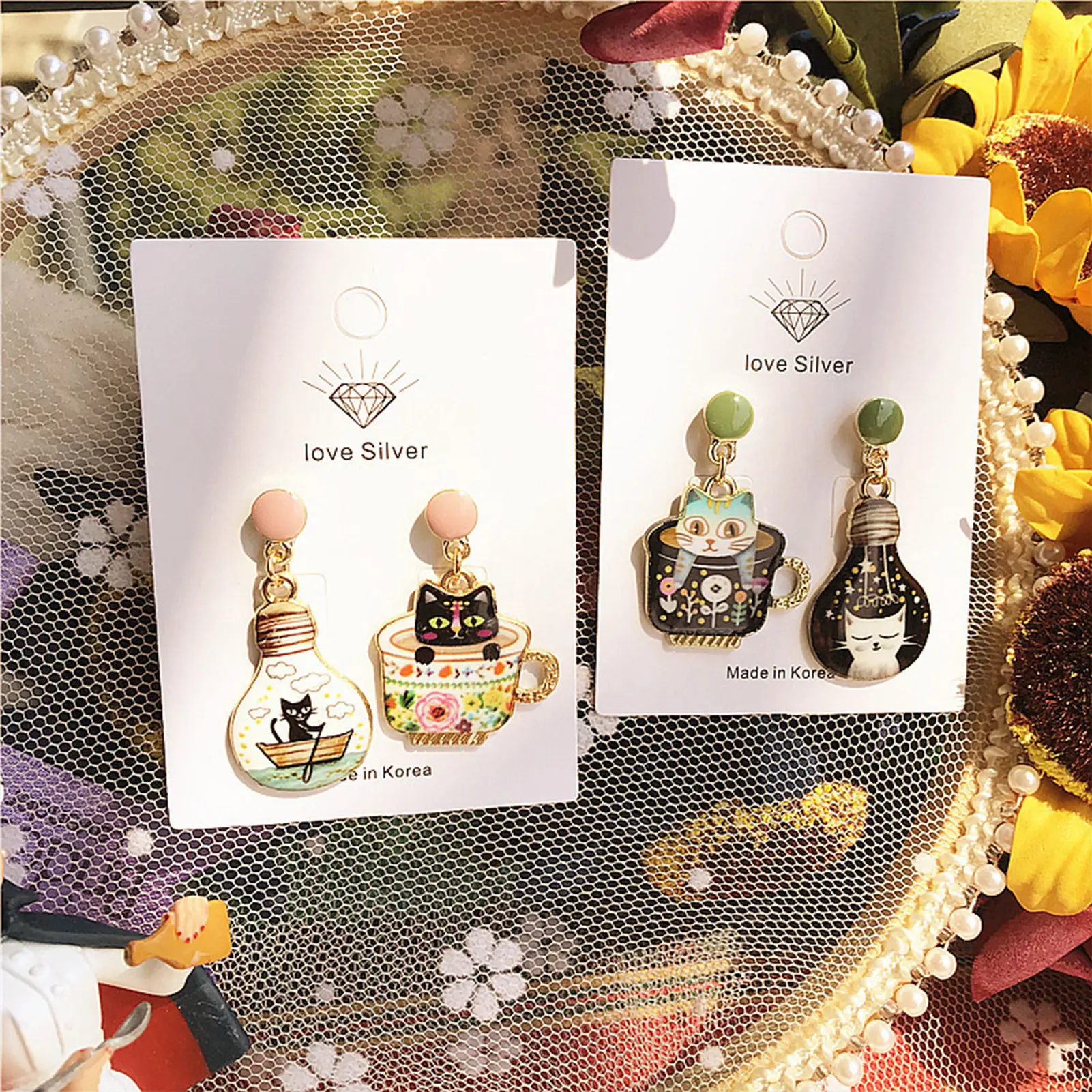 Cartoon Animal Earring For Women Cute Teacup Cat Drip Oil Dangle Earring Girls Fashionable Ear Ring Jewelry Ear Accessories