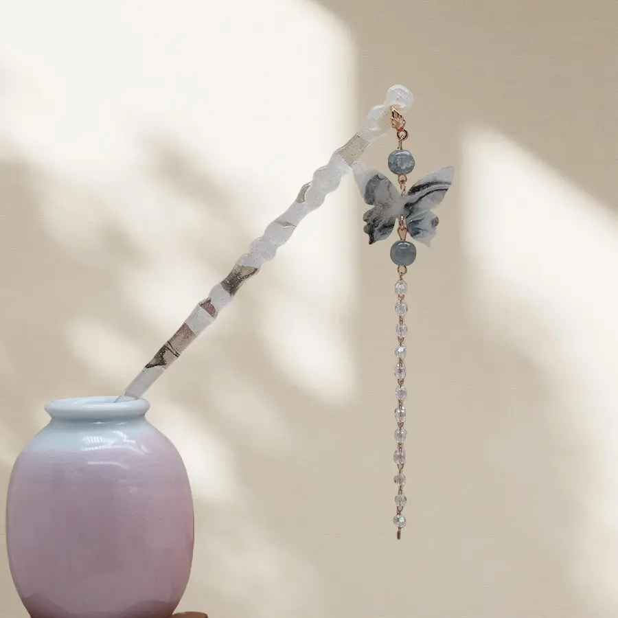 Chinese Style Ink Gradient Hairpin For Women Vintage Butterfly Fan Tassel Hair Stick Hanfu Dress Jewelry Hair Accessories 1pc