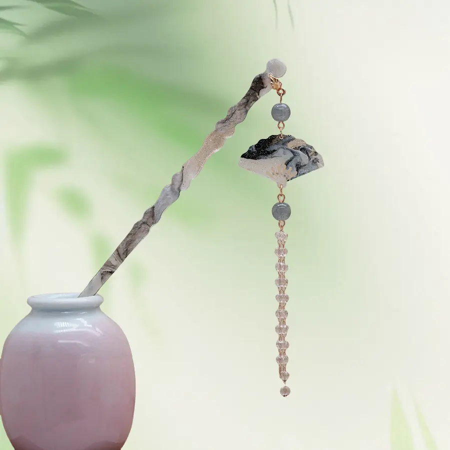 Chinese Style Ink Gradient Hairpin For Women Vintage Butterfly Fan Tassel Hair Stick Hanfu Dress Jewelry Hair Accessories 1pc