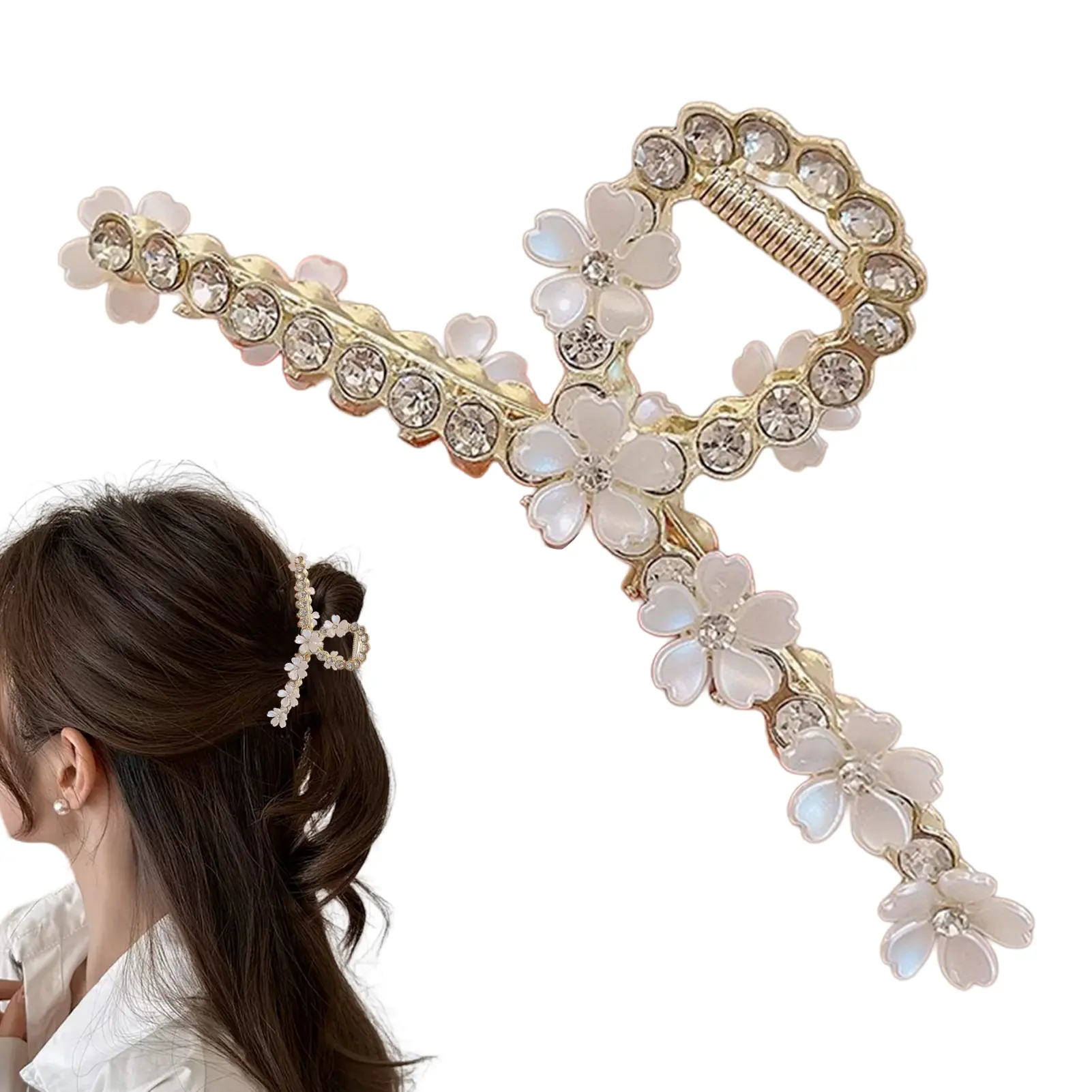 Trendy Glitter Flower Hair Claw For Women Large Rhinestone Sakura Shark Gripper Exquisite Elegant Girls Jewelry Hair Accessories