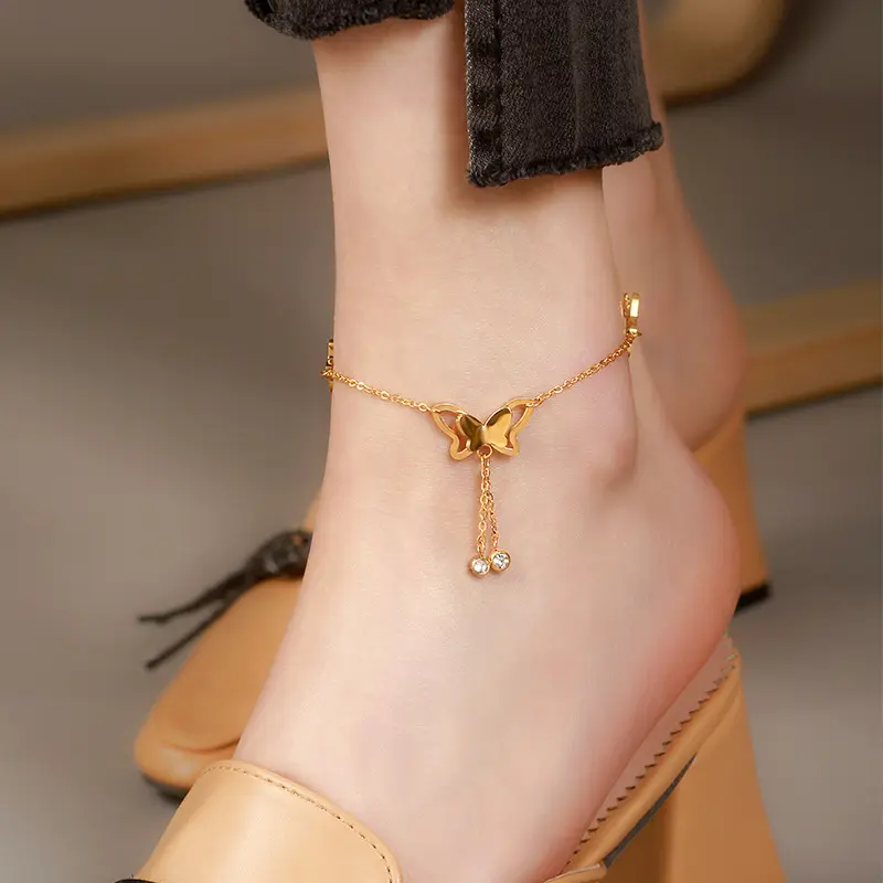 Trendy Light Luxury Anklet For Women Elegant Heart Butterfly Design Titanium Steel Bracelets Non Fading Foot Decor Accessories