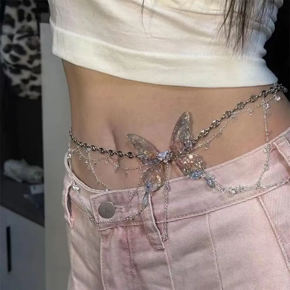 Fairy Tassel Waist Chain For Women Glitter Pearl Butterfly Pendant Belt Strap Dress Crop Top Bikini Sexy Waist Decorative Chain