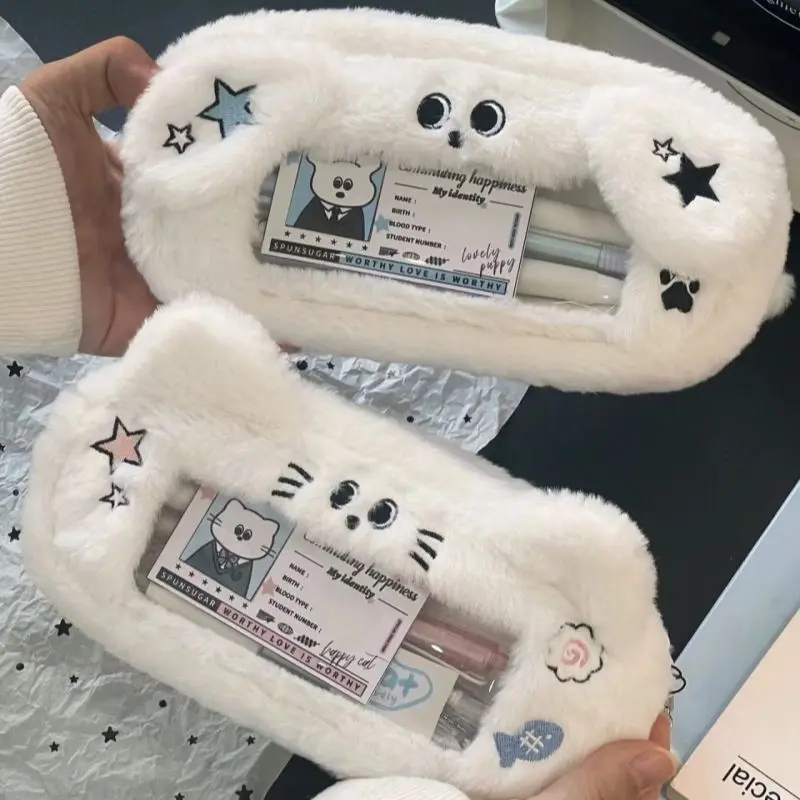 Large Capacity Pen Case Cute Fluffy Plush Cat Shape Pencil Bag With Visual Window Creative Kawaii Pencil Pouch For Office School