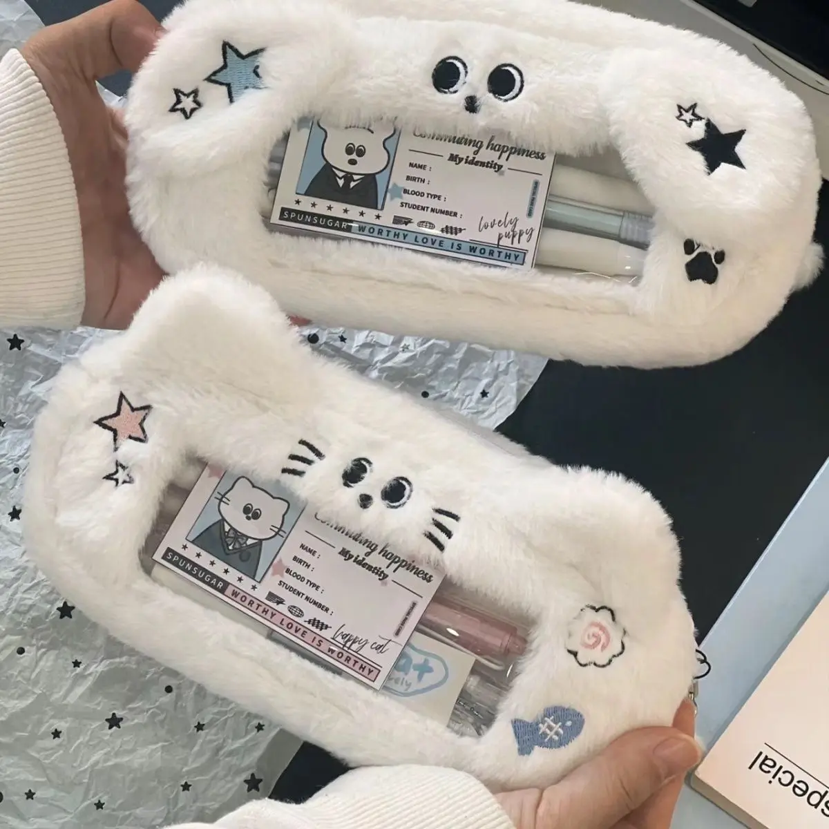 Large Capacity Pen Case Cute Fluffy Plush Cat Shape Pencil Bag With Visual Window Creative Kawaii Pencil Pouch For Office School