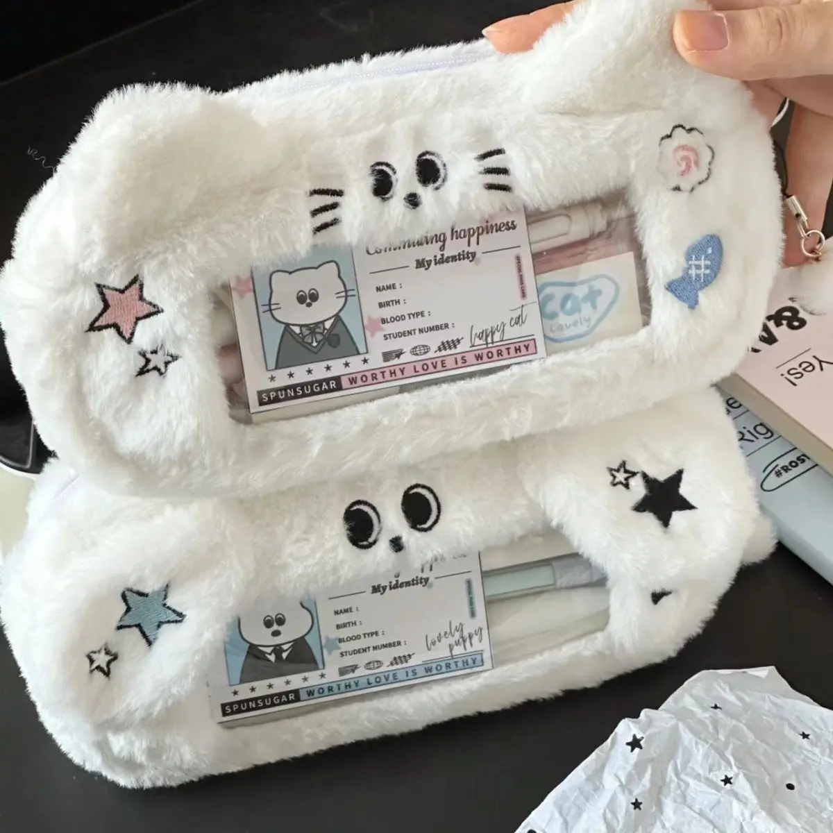 Large Capacity Pen Case Cute Fluffy Plush Cat Shape Pencil Bag With Visual Window Creative Kawaii Pencil Pouch For Office School