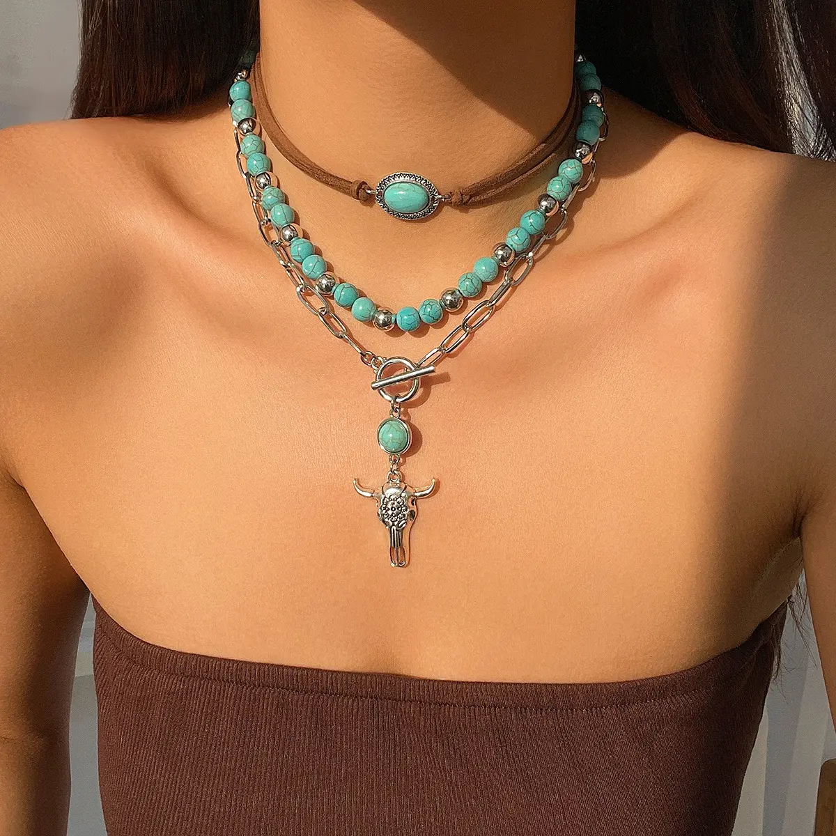 Bohemian Style Turquoise Necklace For Women Charm Niche Stacked Bead Pendant Collarbone Chain Girls Fashion Jewelry Accessories