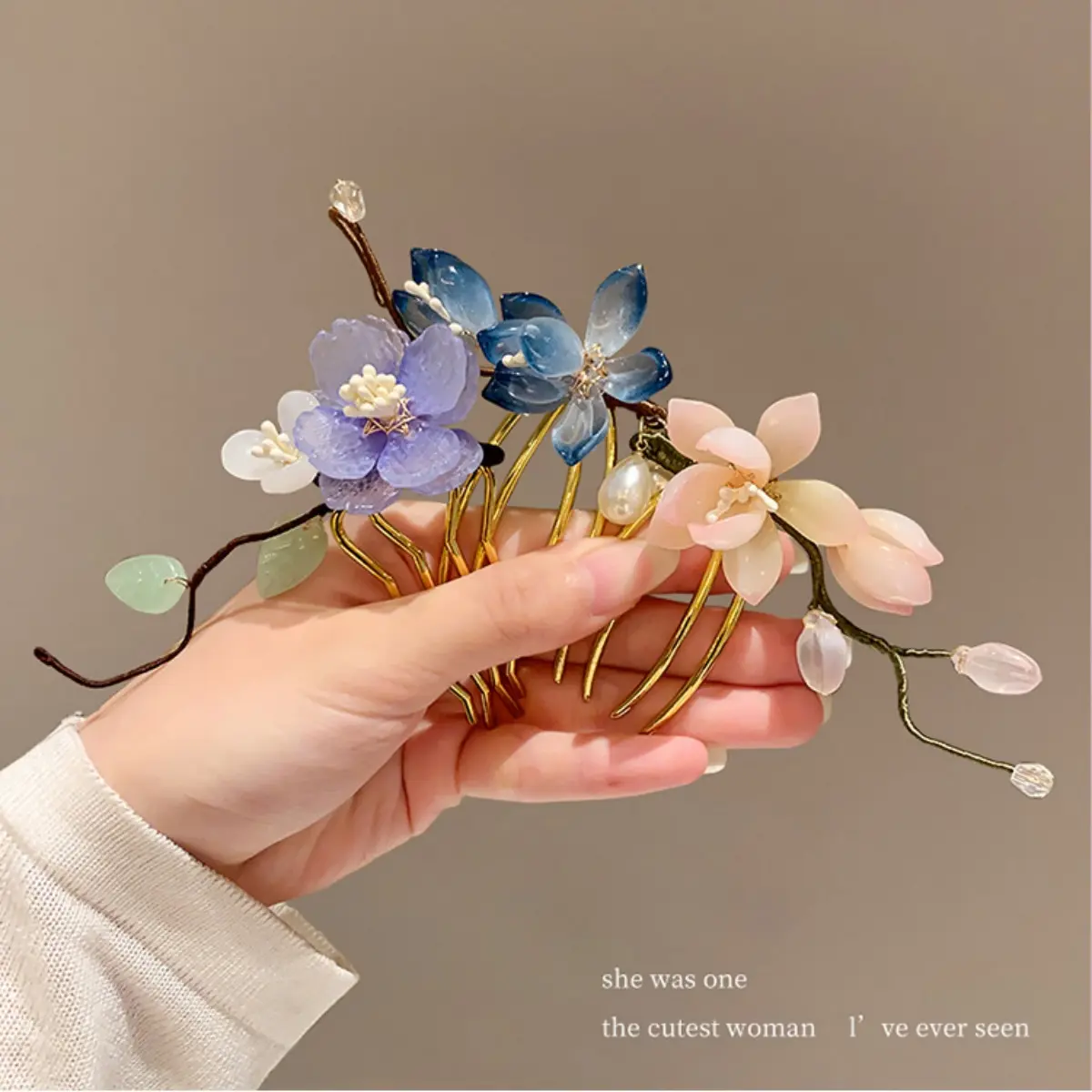 Vintage Flower Hairpin Elegant Chinese Style Glass Flower Hair Comb For Women Girls Exquisite Fairy Metal Hair Accessories 1pc