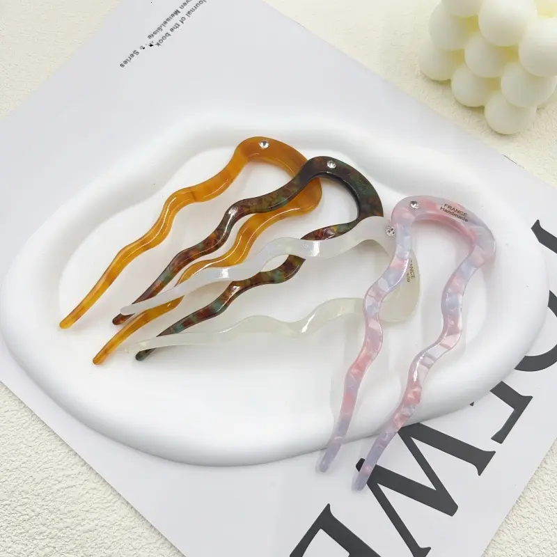 U Shaped Hairpin Korean Style Acetic Acid Wave Hairpin For Women Trendy Gradient Color Geometric Hair Stick Girls Hair Accessory