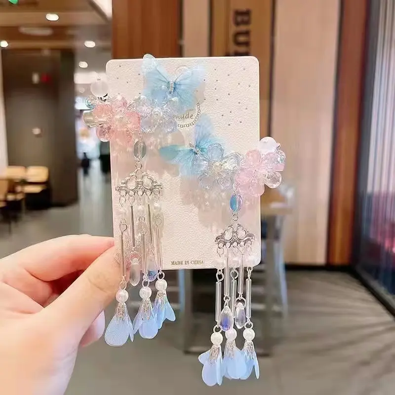 Chinese Style Flower Hair Clips Elegant Exquisite Butterfly Petal Tassel Hairpin For Girls Hanfu Jewelry Hair Accessories 1 Pair