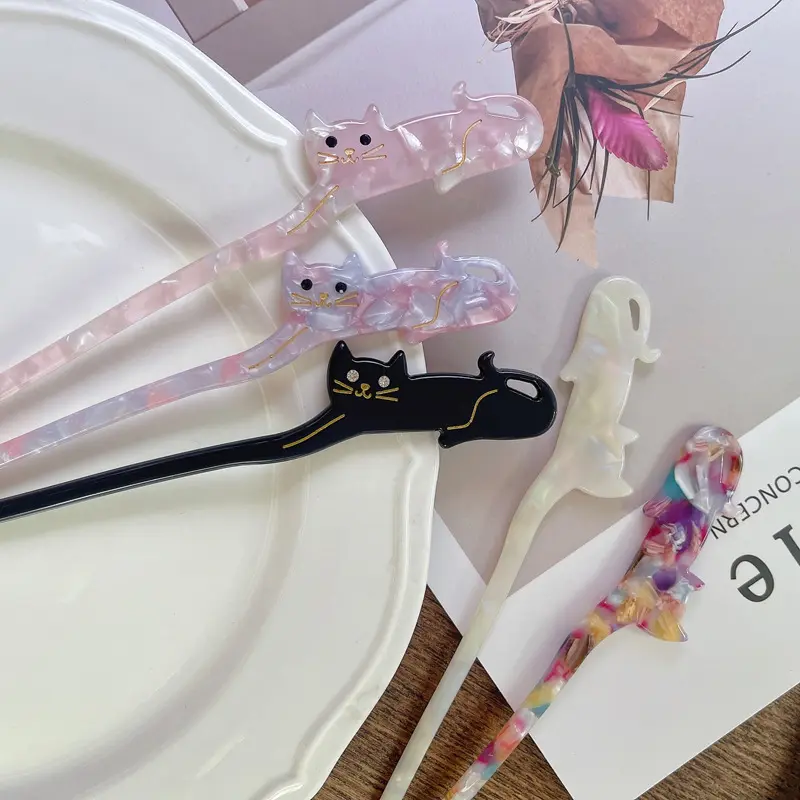 Chinese Style Hairpin For Women Creative Cat Flower Tassel Hair Stick Cute Kitten Ornament Wooden Hairpin Hair Accessories 1pc