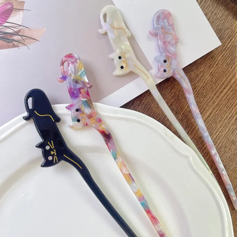 Chinese Style Hairpin For Women Creative Cat Flower Tassel Hair Stick Cute Kitten Ornament Wooden Hairpin Hair Accessories 1pc