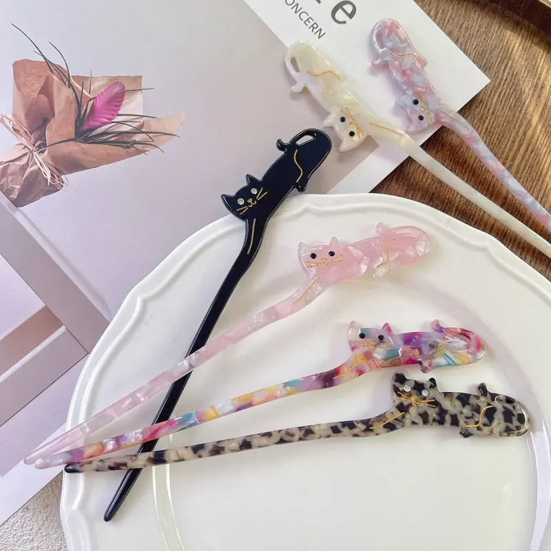 Chinese Style Hairpin For Women Creative Cat Flower Tassel Hair Stick Cute Kitten Ornament Wooden Hairpin Hair Accessories 1pc