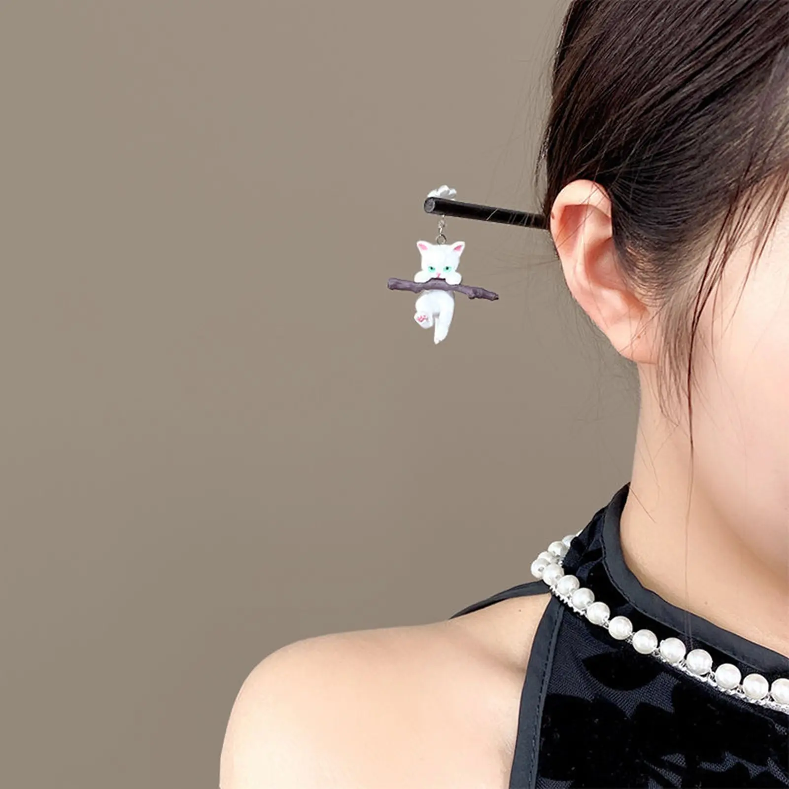 Chinese Style Hairpin For Women Creative Cat Flower Tassel Hair Stick Cute Kitten Ornament Wooden Hairpin Hair Accessories 1pc