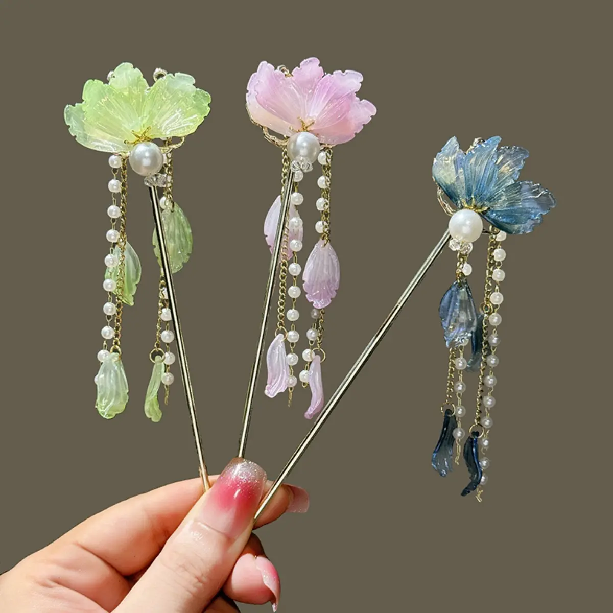 Gradient Flower Hairpin For Women Light Luxury Elegant Tassel Hair Stick Glitter Pearl Jewelry Hair Accessories Girls Gift 1pc