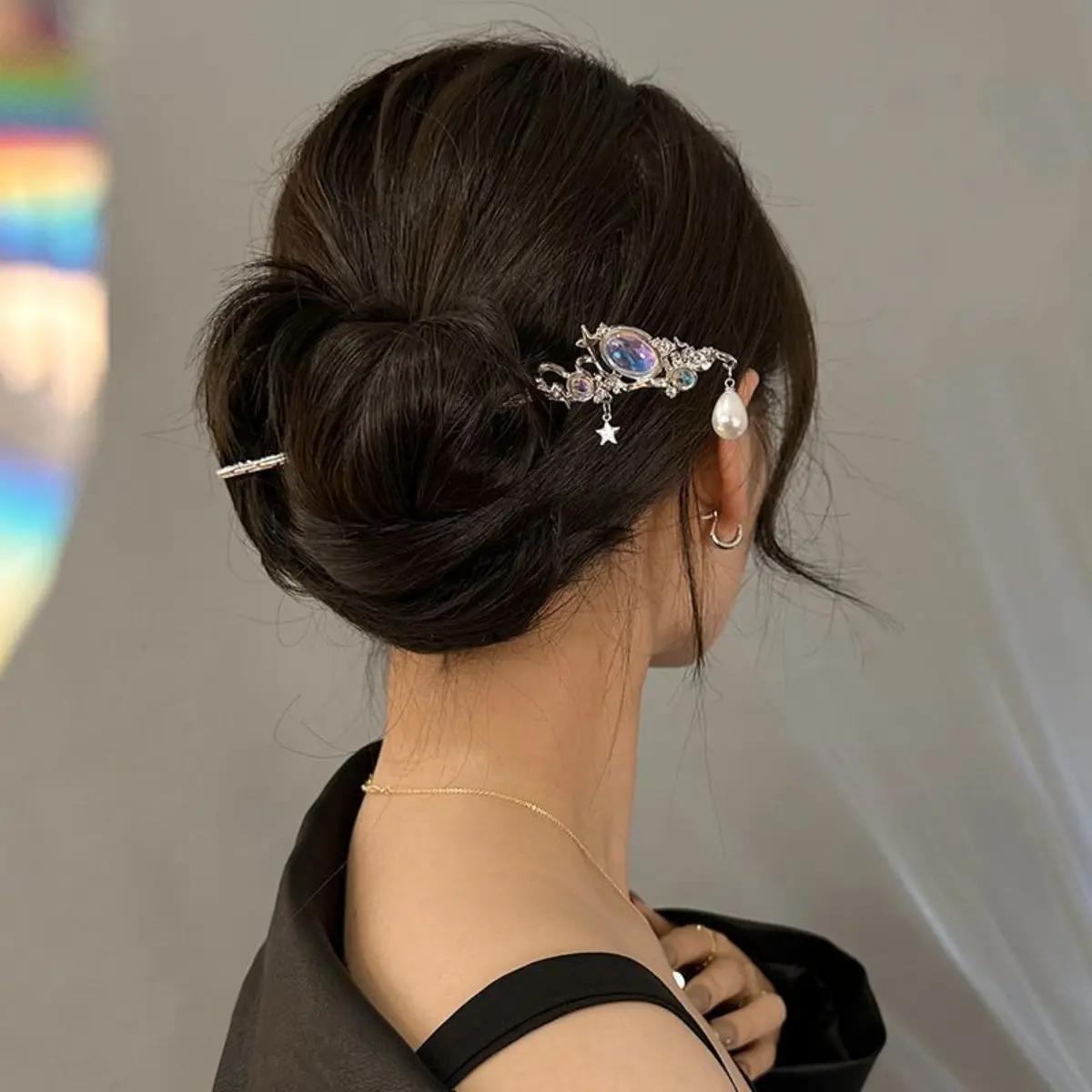 Light Luxury Glitter Hairpin For Women Geometric Irregular Moonstone Hair Stick Elegant Star Flower Jewelry Hair Accessories