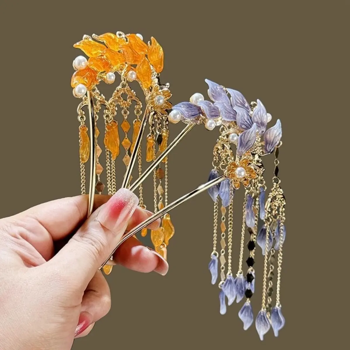 Gradient Flower Hairpin For Women Light Luxury Elegant Tassel Hair Stick Glitter Pearl Jewelry Hair Accessories Girls Gift 1pc
