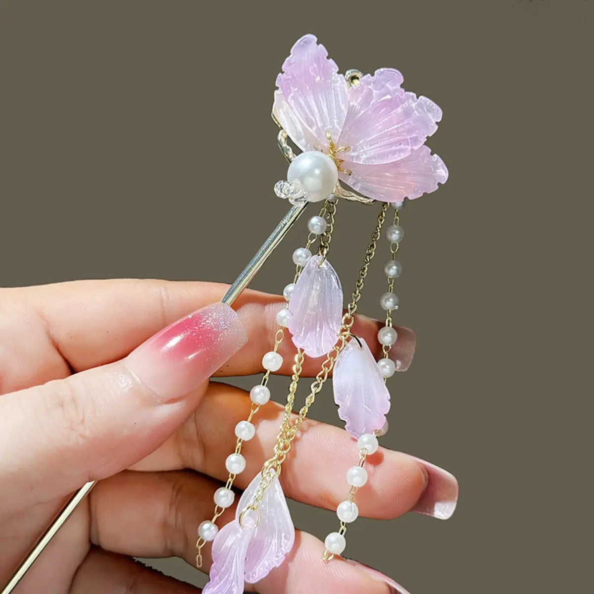 Gradient Flower Hairpin For Women Light Luxury Elegant Tassel Hair Stick Glitter Pearl Jewelry Hair Accessories Girls Gift 1pc