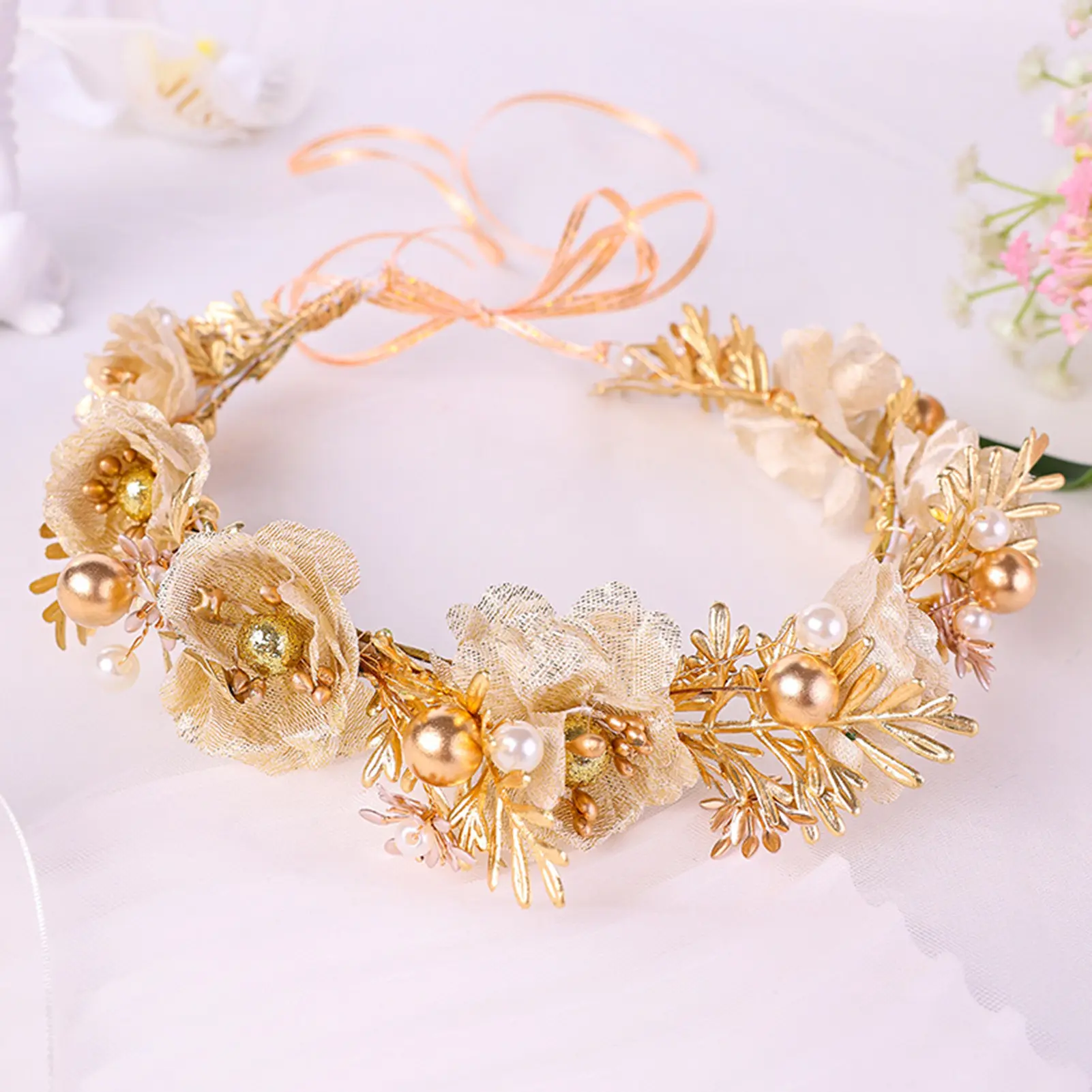 Golden Flower Crown For Women Handmade Metal Flower Headband Exquisite Elegant Wedding Hair Crown Jewelry Hair Accessories