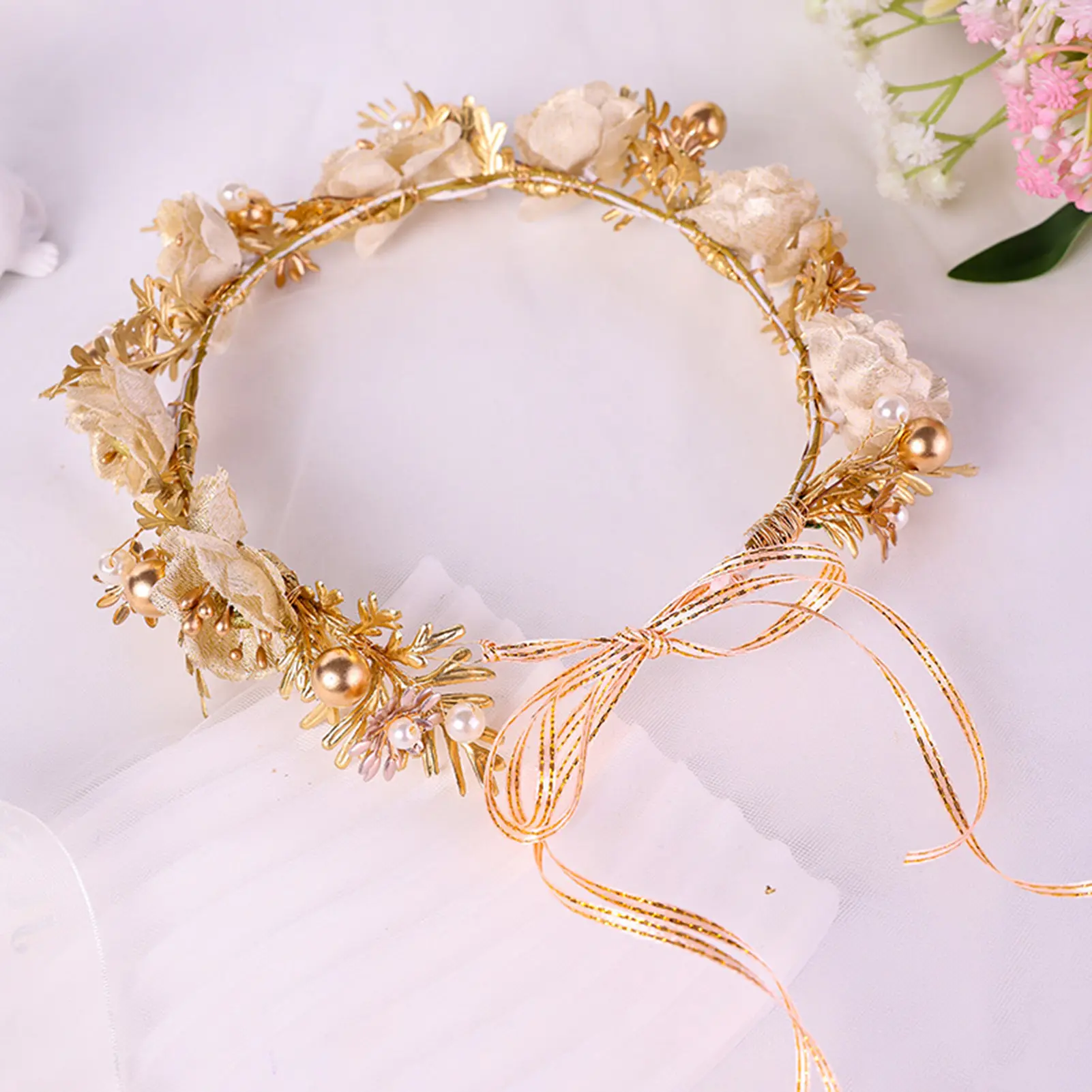 Golden Flower Crown For Women Handmade Metal Flower Headband Exquisite Elegant Wedding Hair Crown Jewelry Hair Accessories