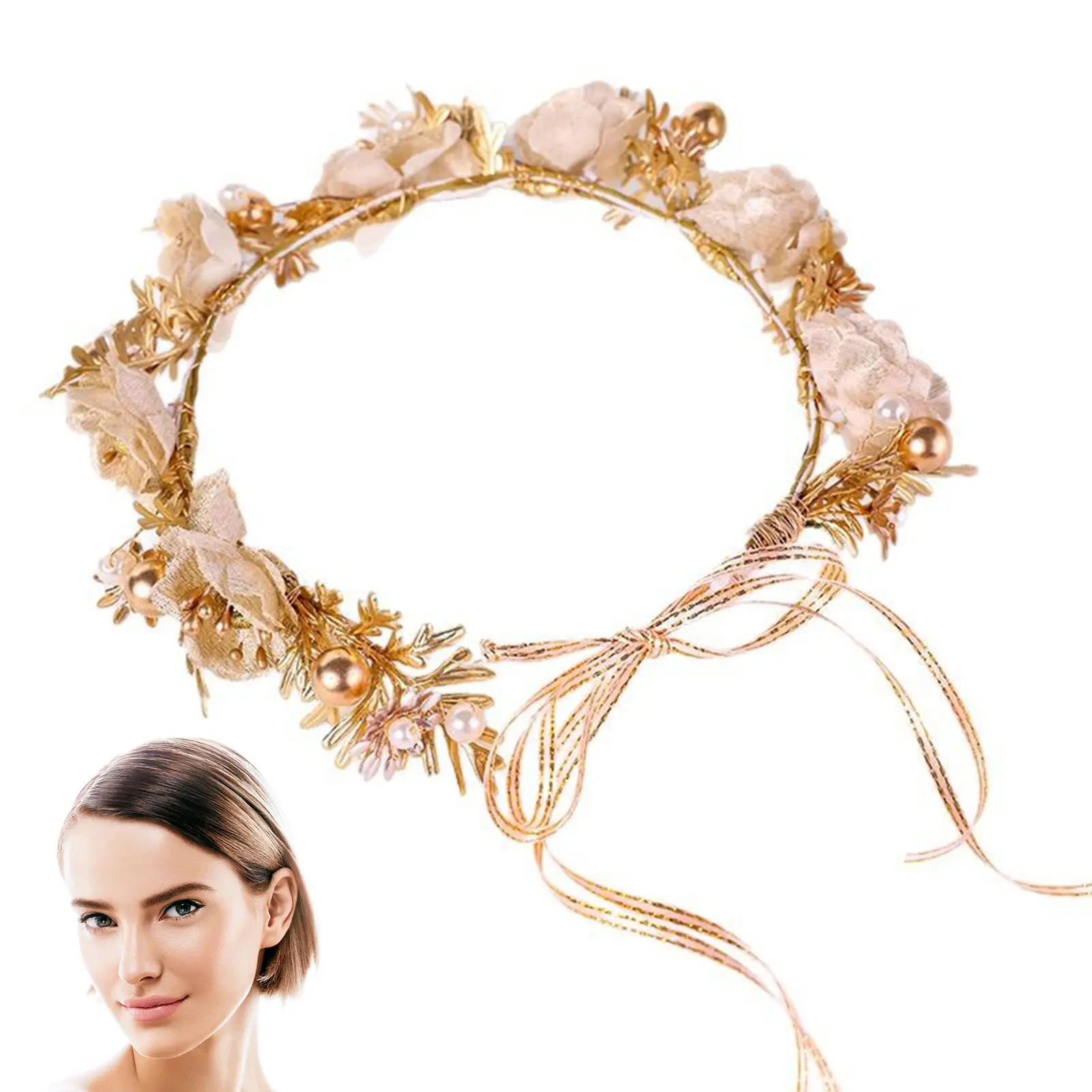Golden Flower Crown For Women Handmade Metal Flower Headband Exquisite Elegant Wedding Hair Crown Jewelry Hair Accessories